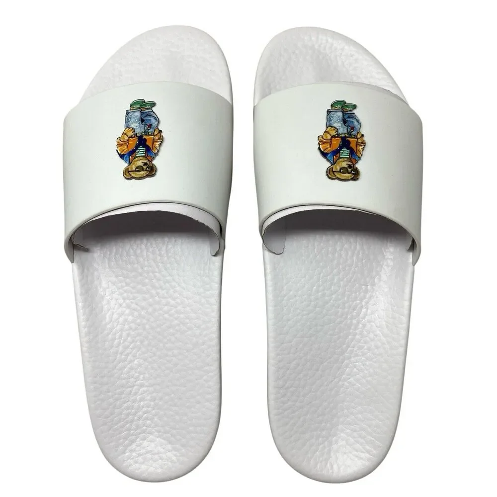 Polo Ralph‎ Lauren Slides Mens 12 White Polo Bear Sandals Preppy Summer Pool